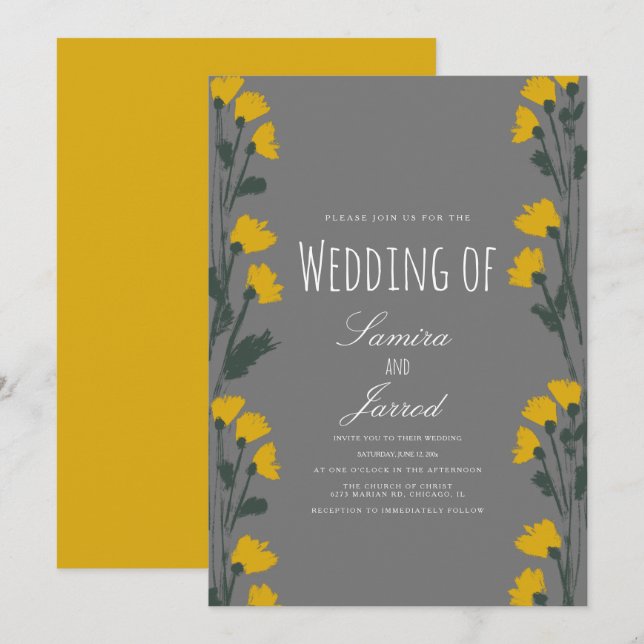 Invitation Mariage Jaune botanique sauvage dessiné à la main (Devant / Derrière)
