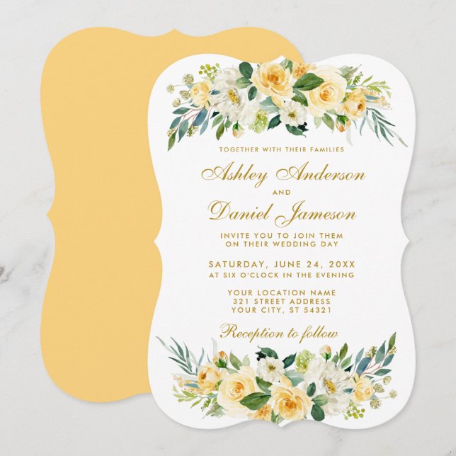 Invitation Mariage jaune or floral blanc vert (Devant / Derrière)
