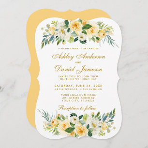 Invitation Mariage jaune or floral blanc vert