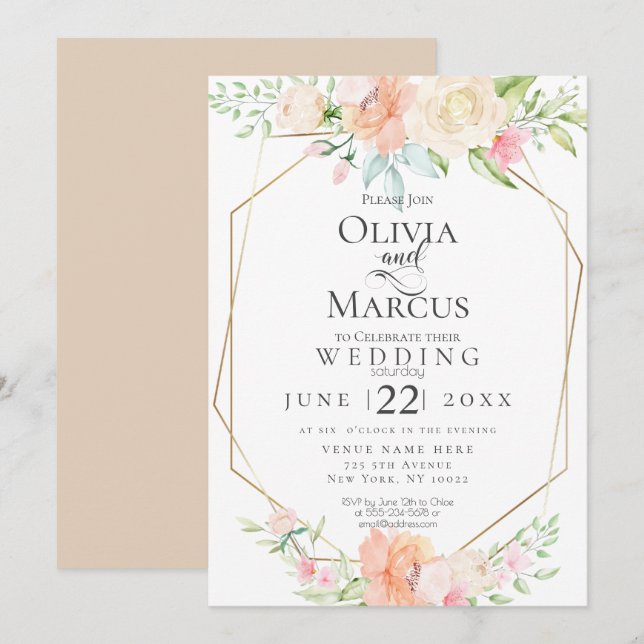 Invitation MARIAGE | Jolie aquarelle fleurs de printemps (Devant / Derrière)