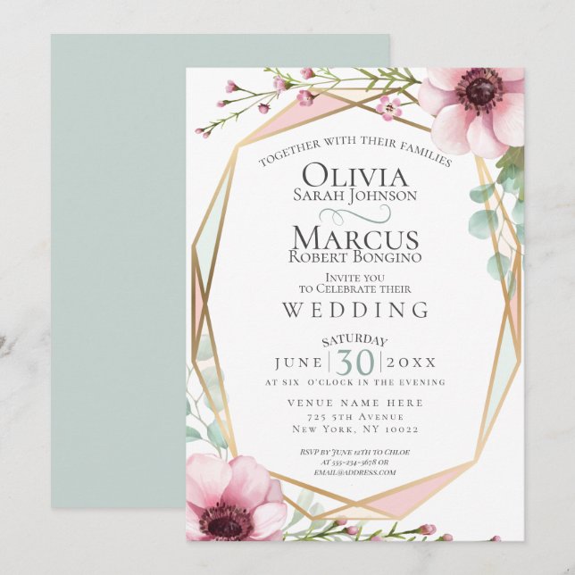 Invitation Mariage | Jolies fleurs et feuillage d'anémones (Devant / Derrière)