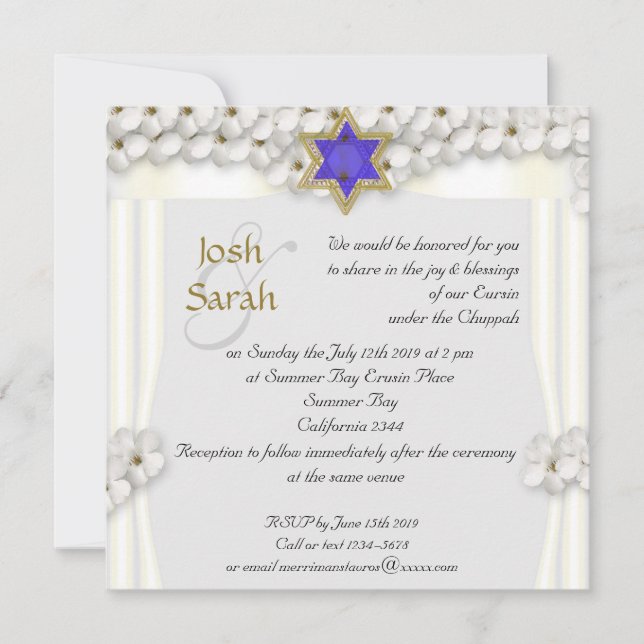 Invitation Mariage juif chuppah aux fleurs blanches (Devant)