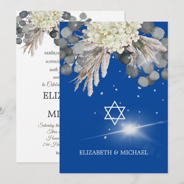 Invitation Mariage juif Chuppah Elégant bleu floral (Devant / Derrière)