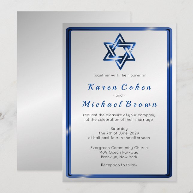 Invitation Mariage juif d'étoile de David bleue métallique (Devant / Derrière)