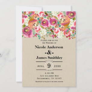 Invitation Mariage Kraft Monogramme Chic Rustique Floral Élég