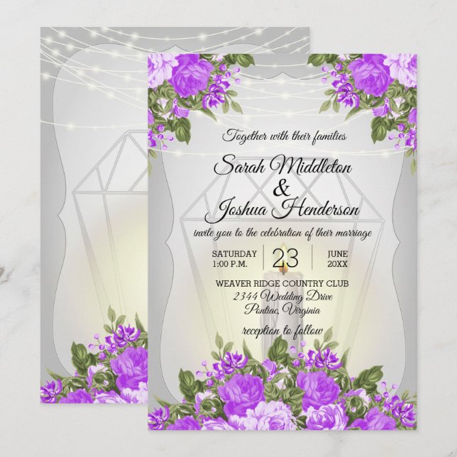 Invitation Mariage Lanterne d'Argent et Fleurs Violettes (Devant / Derrière)