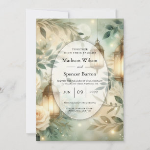 Invitation Mariage Lanterne Verte Sauge et Rose Ivoire