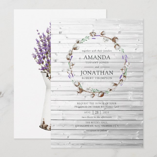 Invitation Mariage Lavande en Coton Rustique (Devant / Derrière)