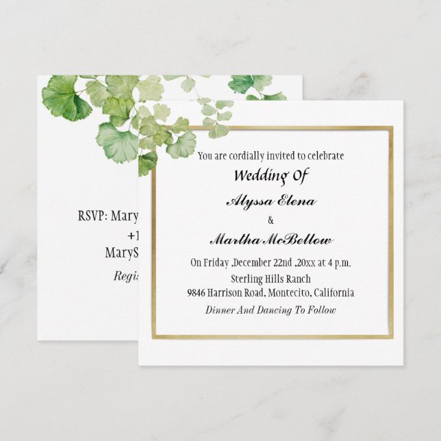 Invitation Mariage lesbien vintage vert aquarelle (Devant / Derrière)