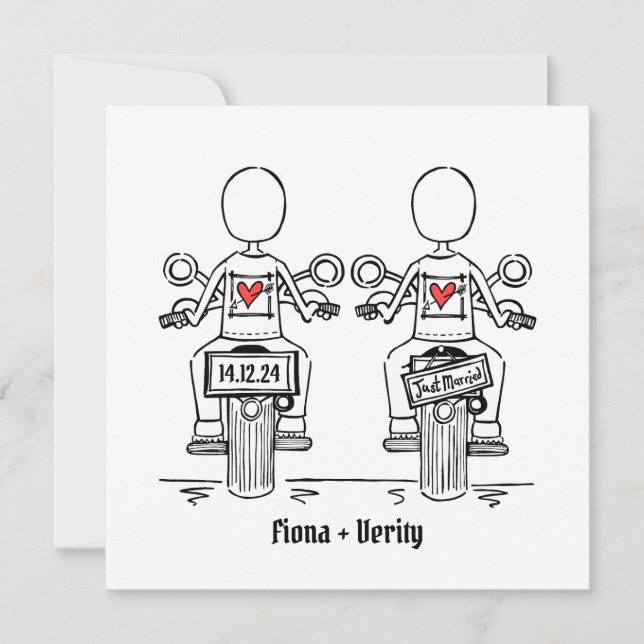 Invitation Mariage lesbienne de moto de deux mariées sur mesu (Devant)