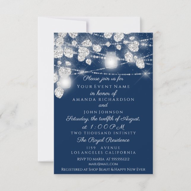 Invitation Mariage Lights Jars Parties scintillant gris bleu  (Devant)