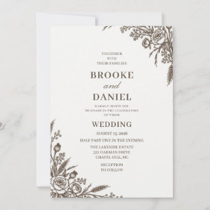 Invitation Mariage Ligne Artistique Blé Rose Cacao