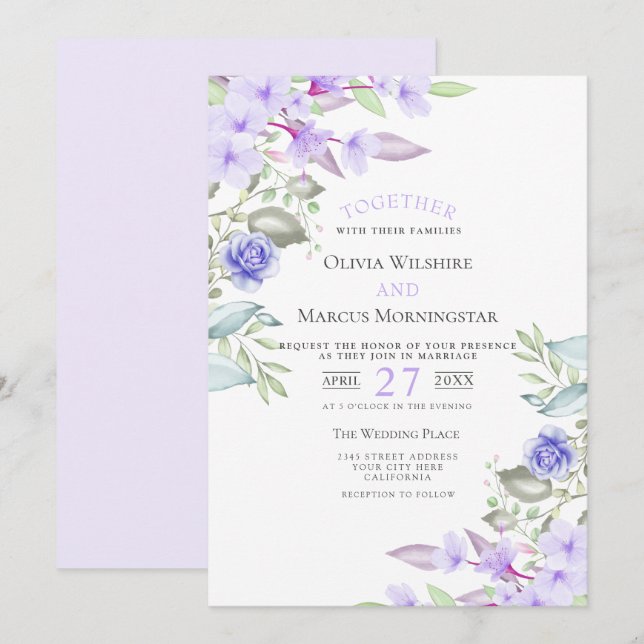 Invitation Mariage | Lilac et Fleurs de Jardin Rose (Devant / Derrière)