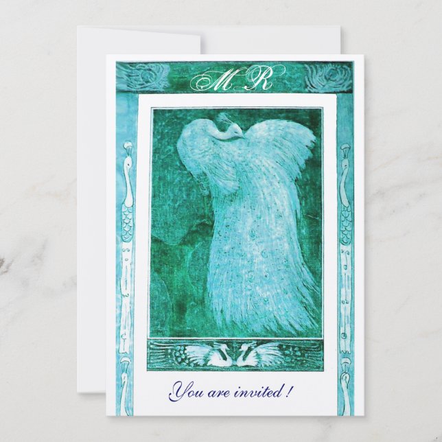 Invitation MARIAGE LOVE PEACOCK MONOGRAM Aqua Bleu Blanc (Devant)