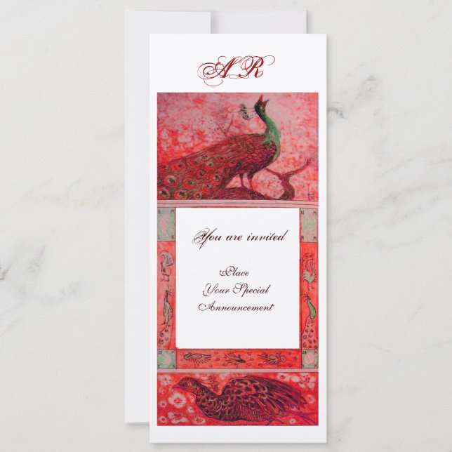 Invitation MARIAGE LOVE PEACOCKS MONOGRAS rouge argent métall (Devant)
