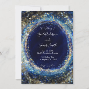 Invitation Mariage Lumières Pailletées Or Bleu Océan