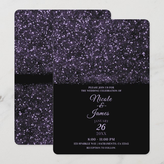 Invitation Mariage Lumières Scintillantes Paillettes Violette (Devant / Derrière)