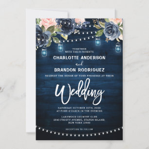 Invitation Mariage lumineux à cordes rustique bleu marine