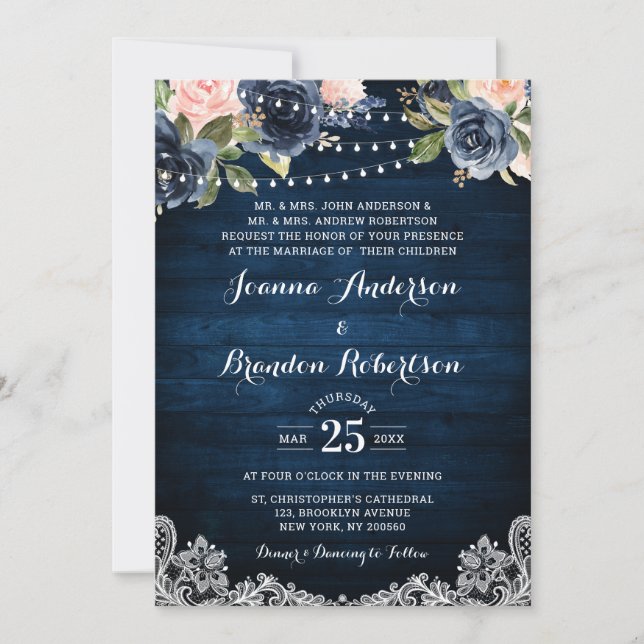 Invitation Mariage lumineux à cordes rustique bleu marine (Devant)