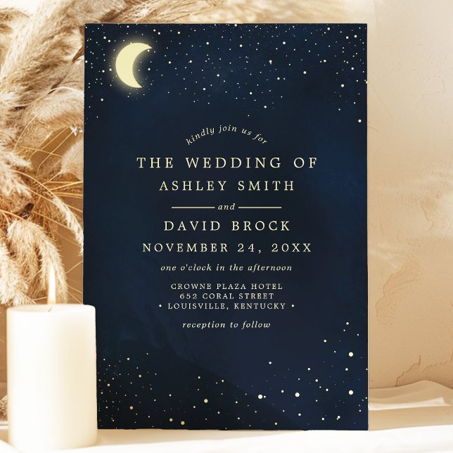 Invitation Mariage Lune Étoiles Bleu Nuit Céleste (Créateur téléchargé)