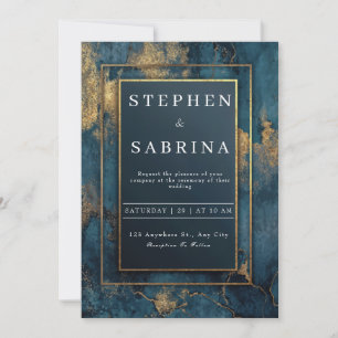 Invitation Mariage Luxe Or Pailleté Marbre Bleu Marine