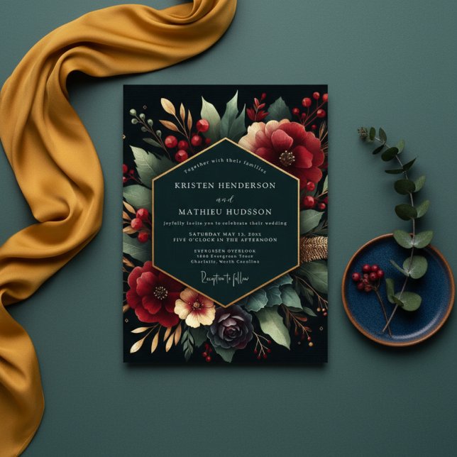 Invitation Mariage Luxueux Botanique Rouge Profond (Créateur téléchargé)