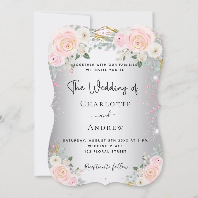 Invitation Mariage luxueux et élégant à fleurs rose argent (Devant)