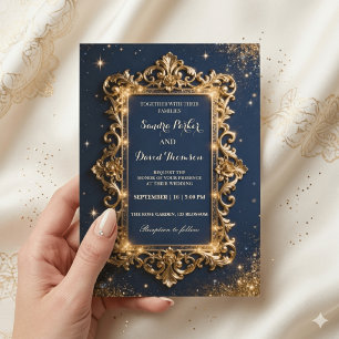 Invitation Mariage Luxueux Moderne Royal Or et Bleu Marine Él