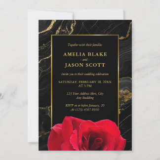 Invitation Mariage Luxueux Noir Élégant Marbre Doré & Rouge