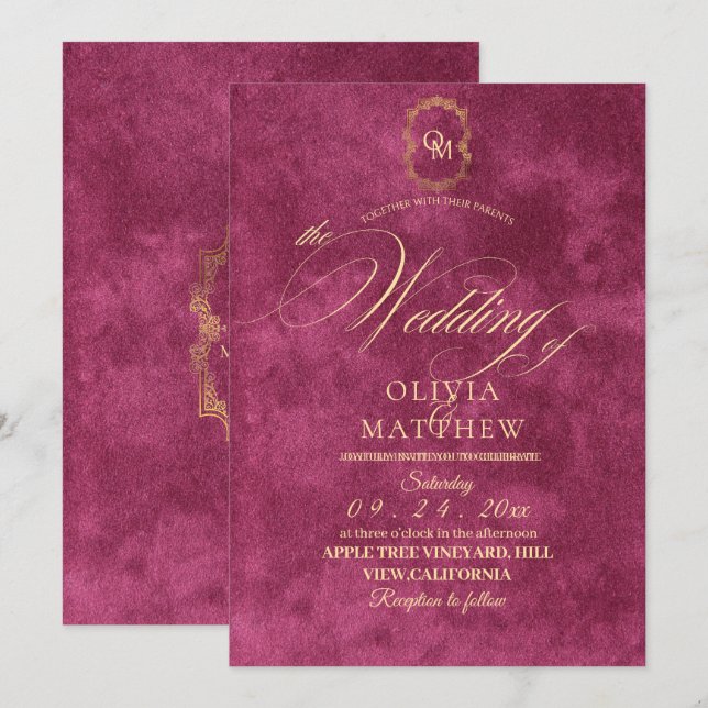 Invitation Mariage magenta chic (Devant / Derrière)