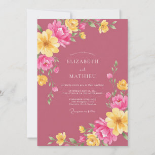 Invitation Mariage Magenta Jaune Ranunculus Eucalyptus
