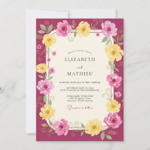 Invitation Mariage Magenta Jaune Ranunculus Eucalyptus Muted