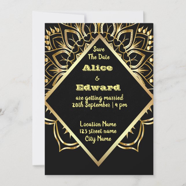 Invitation Mariage Mandala Noir Et Or (Devant)