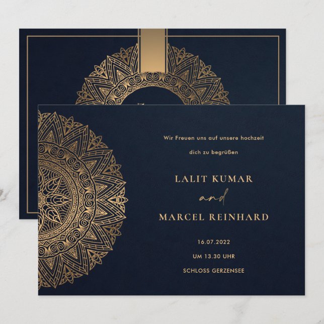 INVITATION MARIAGE MANDALA ORNÉ CLASSIQUE NAVY ÉLÉGANT OR (Devant / Derrière)