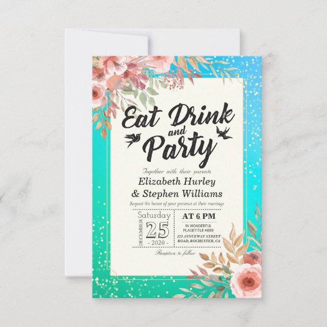 Invitation Mariage MANGER Boire et fête Floral Turquoise Gold (Devant)