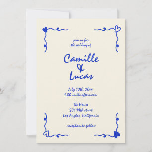 Invitation Mariage maquis rétro bleu manuscrit