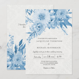 Invitation Mariage Marine Bleu Blanc Chintz Lace Damask Flora