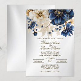 Invitation Mariage Marine Bleu Blanc Or Floral Argent