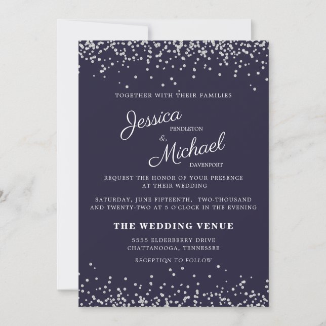 Invitation Mariage Marine Bleu Parties scintillant Argent Élé (Devant)