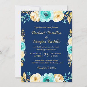 Invitation Mariage Marine Bleu Turquoise or Floral Romantique