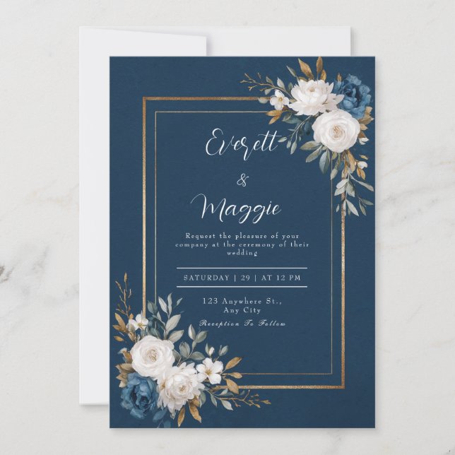 Invitation Mariage Marine & Gold Peony (Devant)