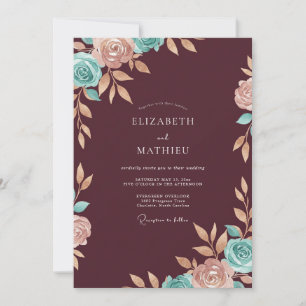 Invitation Mariage Marron Aqua Ranunculus Eucalyptus