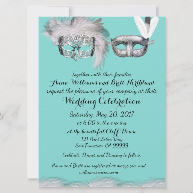 Invitation Mariage mascarade blanc et bleu d'oeuf de Robin (Devant)