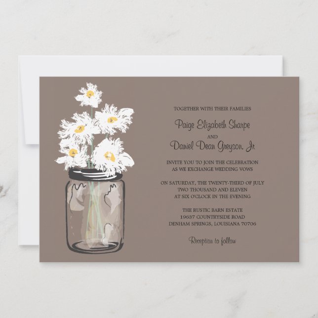 Invitation Mariage Mason Jar et White Daisy (Devant)