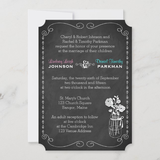 Invitation Mariage| Mason Jar, Fleurs, Chalkboard 2 (Devant)