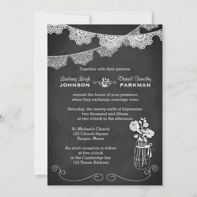 Invitation Mariage | Mason Jar, Lace Bunting | Tableau (Devant)
