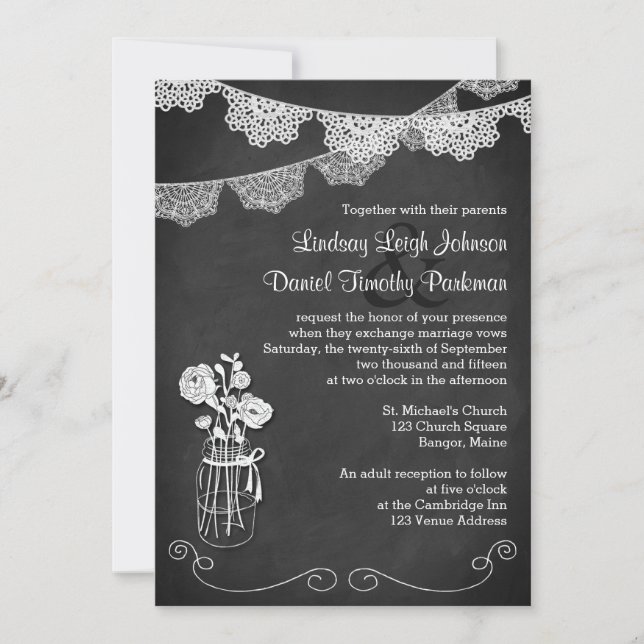 Invitation Mariage | Mason Jar, Lace Bunting | Tableau de bor (Devant)