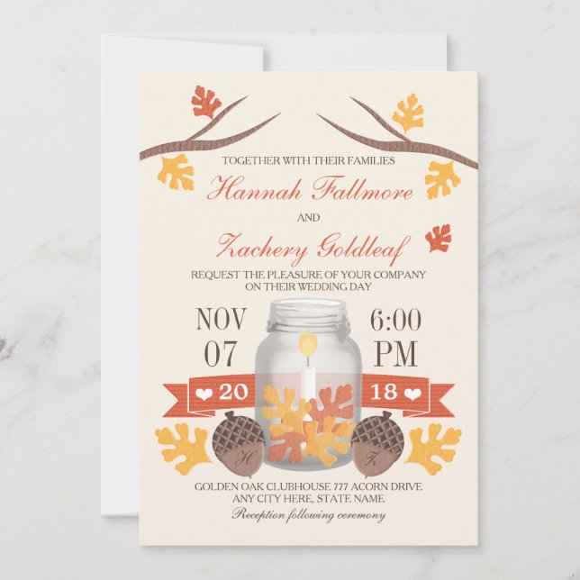 Invitation Mariage Mason Jar Mason Feuille d'automne monogram (Devant)