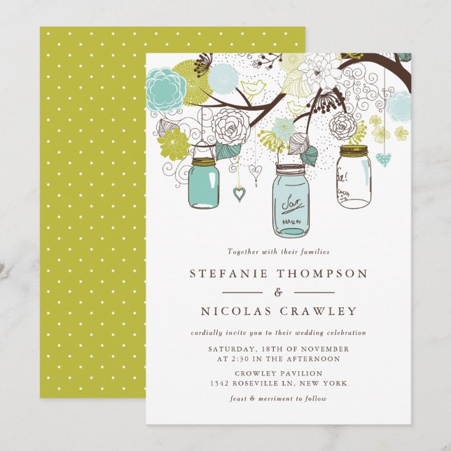 Invitation Mariage Mason Jars à pendage bleu et vert (Devant / Derrière)