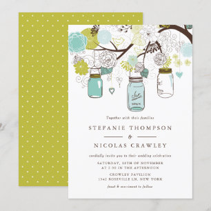 Invitation Mariage Mason Jars à pendage vert et bleu